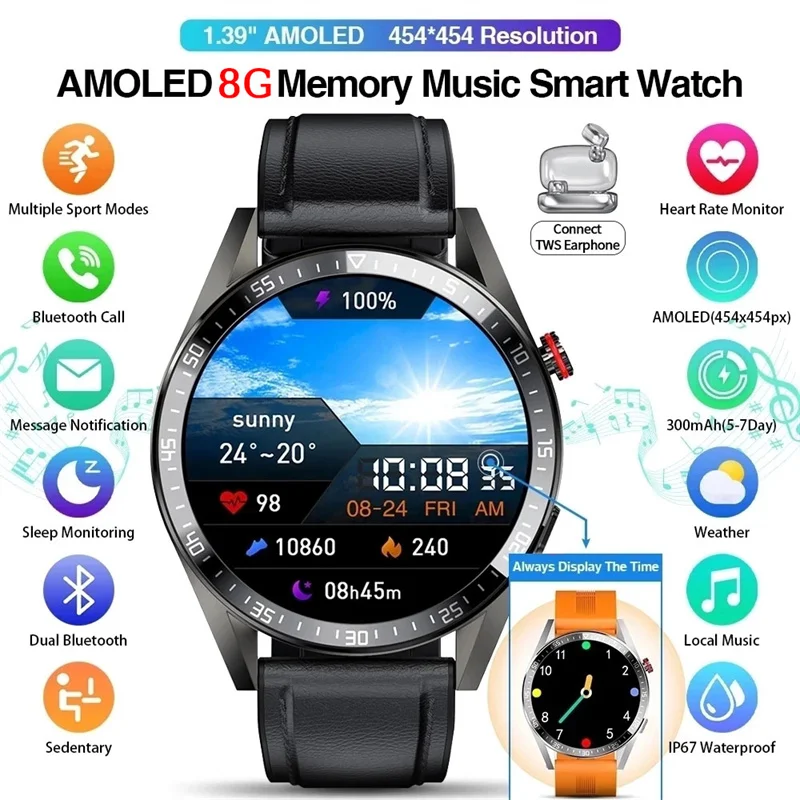 New Smart Watch Mens 8G Memory Local Music Player 454*454 AMOLED Screen Bluetooth Call Sports Man Smartwatch For Samsung Huawei