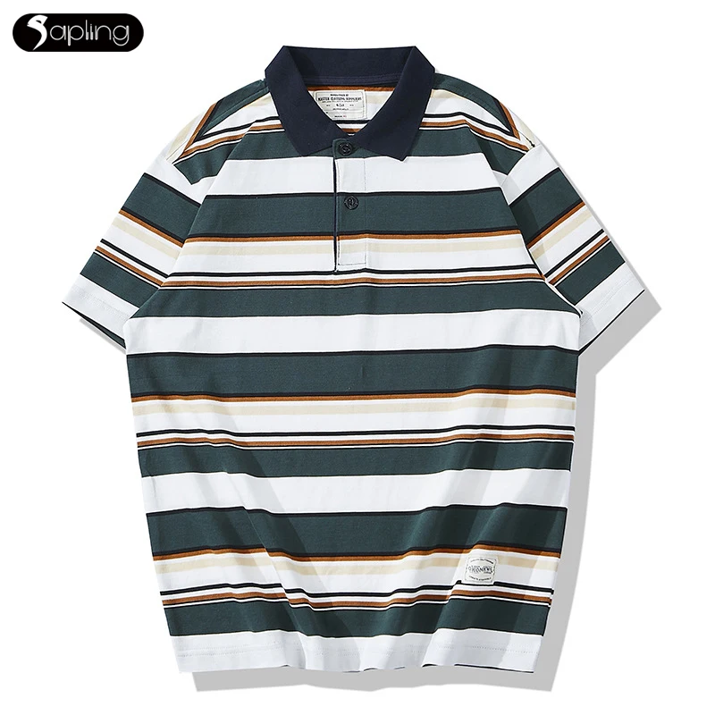 

2022 Summer Polo Shirts Men T-shirt Striped Irregular Color Contrast Lapel Shirt For Male Thick T-shirt Short Sleeve Polo Shirt