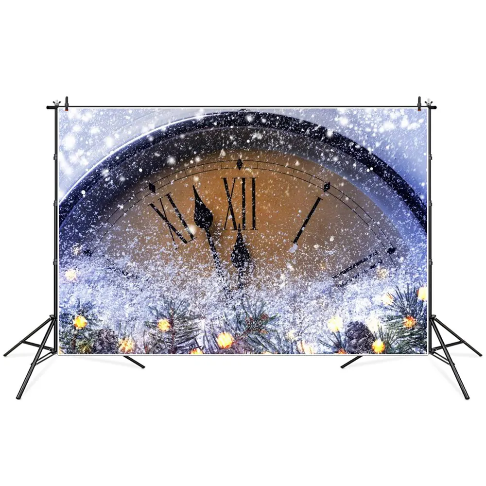 

Christmas New Year Clock Snow Pines Photography Backdrops Custom Party Home Decoration Photo Booth Photographic Backgrounds