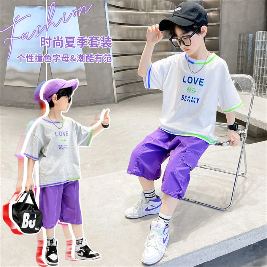 

Boys Fashion Summer Sets Short-Sleeved Shorts Two Pieces Suit Casual Sport Suit Kids Clothes Sweatsuit For Teens Boys