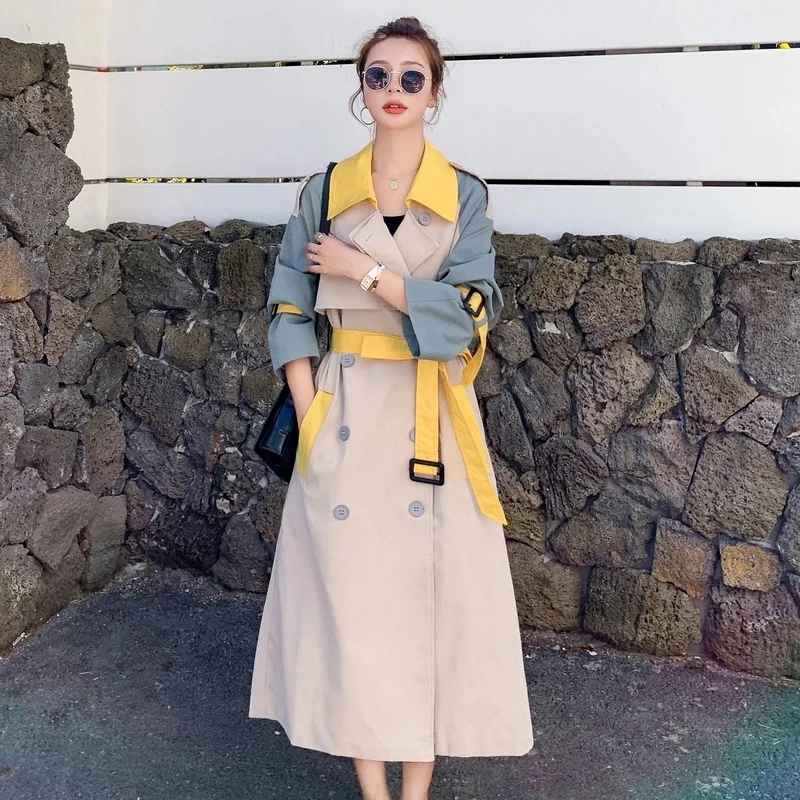 

Женский двубортный тренчкот средней длины, тренчкот в стиле пэчворк с поясом, ветровка в Корейском стиле для весны и осени, 2023