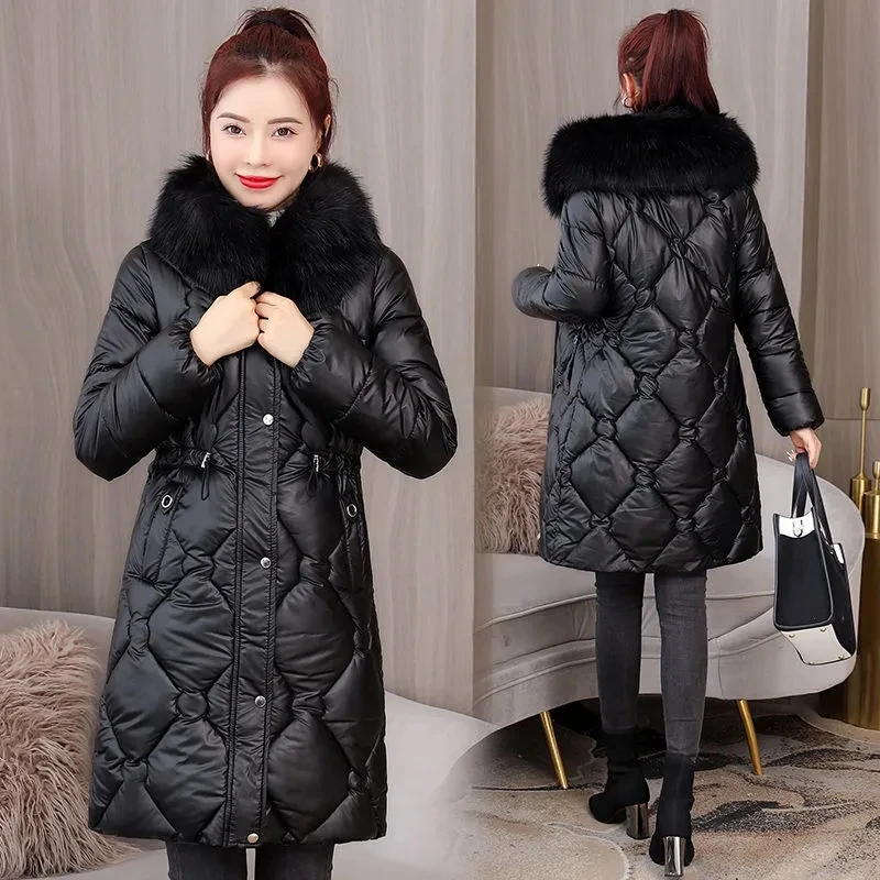 Parkas Women 2022 Winter New Large Size Hooded Fur Collar Long Padded Coat Female Casual Fashion Shiny Wash Free Cotton Jacket