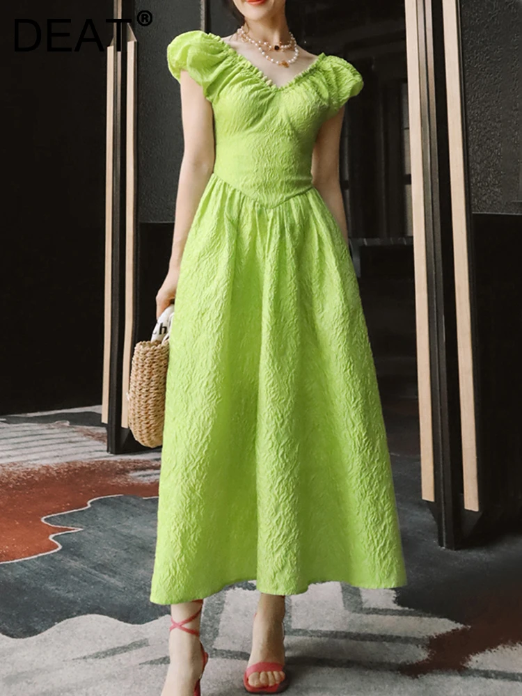 

DEAT Fashion Women's Dress V-neck Puff Sleeves Jacquard Folds Waist A-line Elegant Dresses Female Summer 2023 New Tide 17A9699