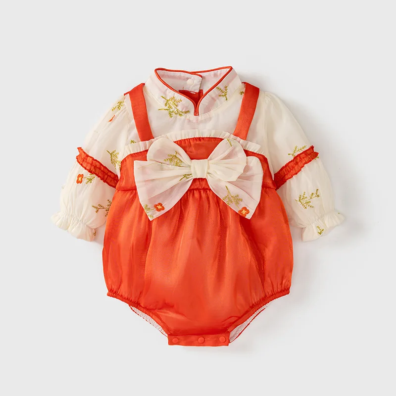 Комбинезон для маленьких девочек, однотонный милый оранжевый однотонный Модный пуловер с воротником-стойкой и большим бантом, 2023