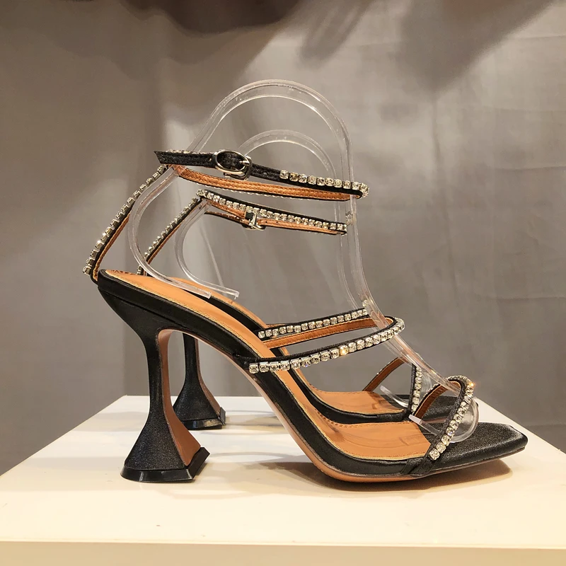 women's sandals kitten heels sandals chain tape crystal wedding sandals 2023 back strap high heels square toes peep-toe sandals