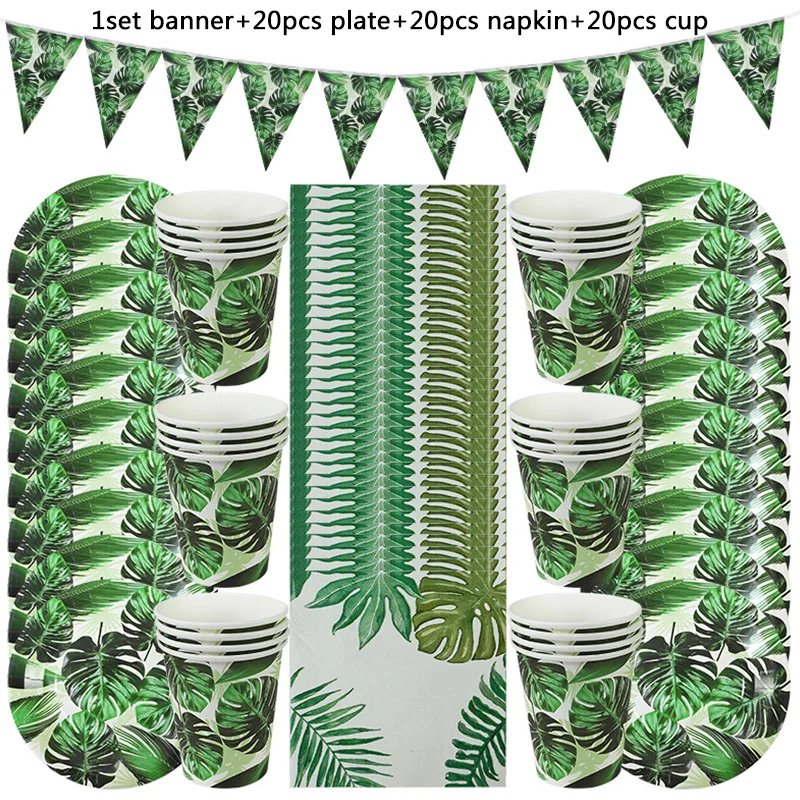 

Hawaiian Party Disposable Cutlery Set 20 People with Paper Plate Cups Palm Leaves Tropical Summer Birthday Party Decorations