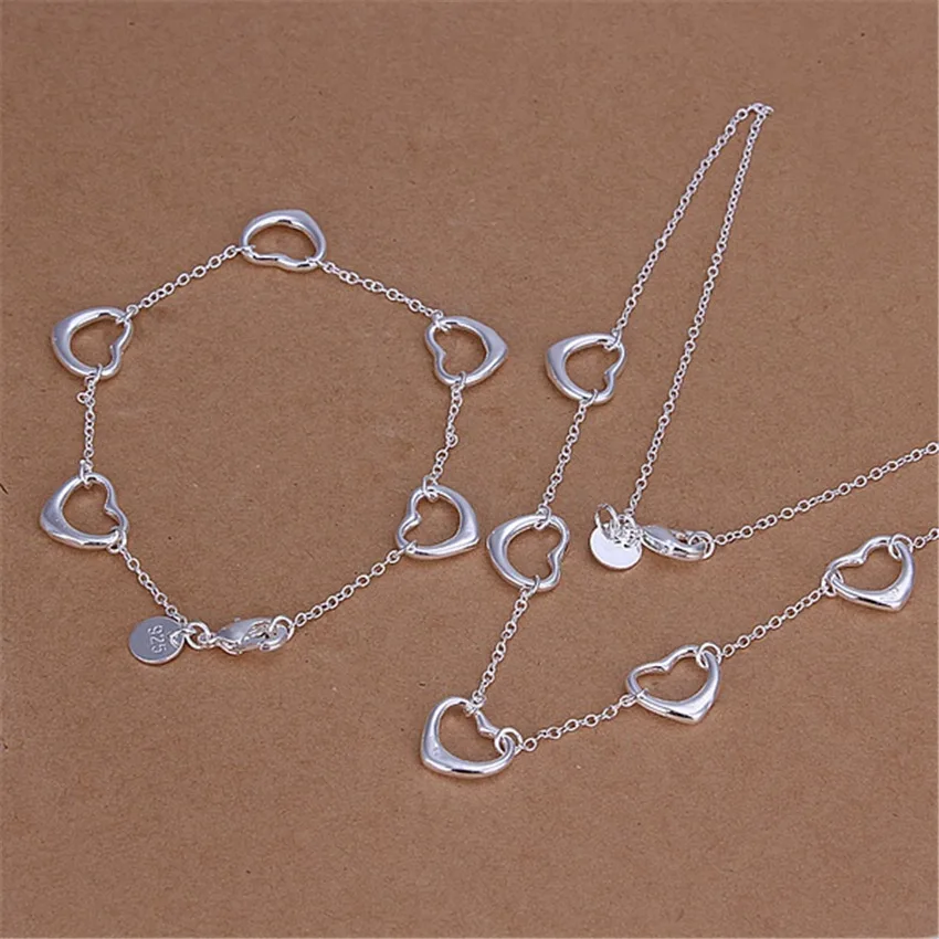 

Charms 925 Sterling Silver romantic LOVE five hearts Bracelet necklace Jewelry set for women Fashion Party wedding Holiday gifts