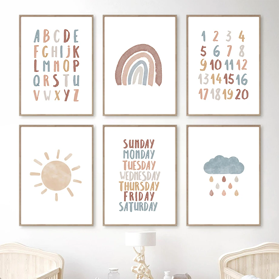 

Number Alphabet Sun Rainbow Cloud Wall Art Canvas Painting Nordic Posters And Prints Cartoon Wall Pictures For Kids Room Decor