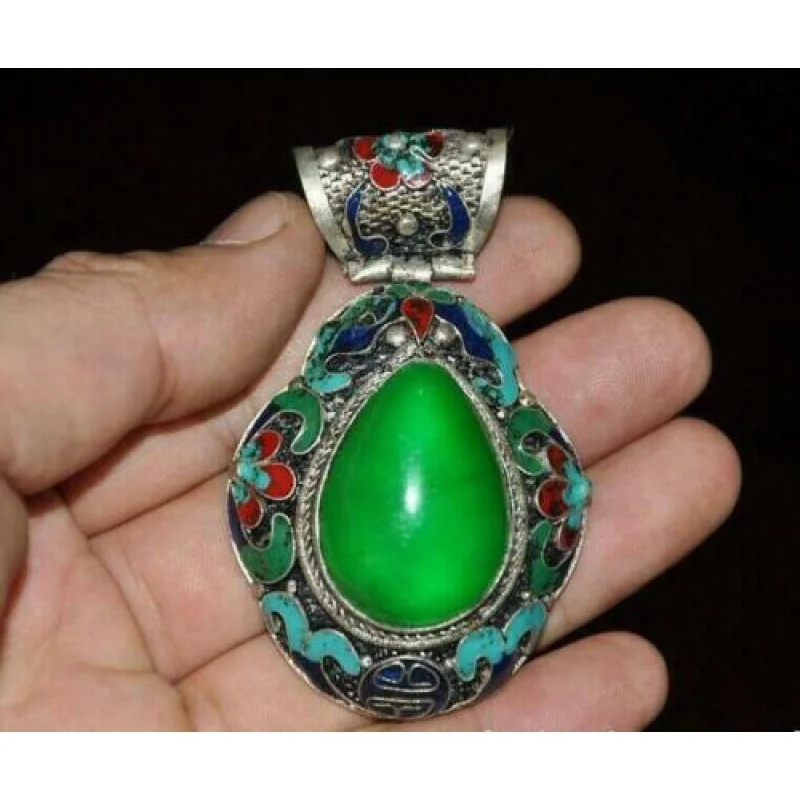 

China Old Dynasty Palace Miao silver Inlay Green Jade Gem Jewelry amulet Pendant