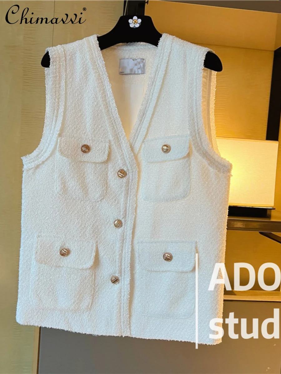 

New 2022 Autumn Fashion Classic Style White V-neck Vest Women French Style Elegant Simple High Sense Sleeveless Waistcoat Tank