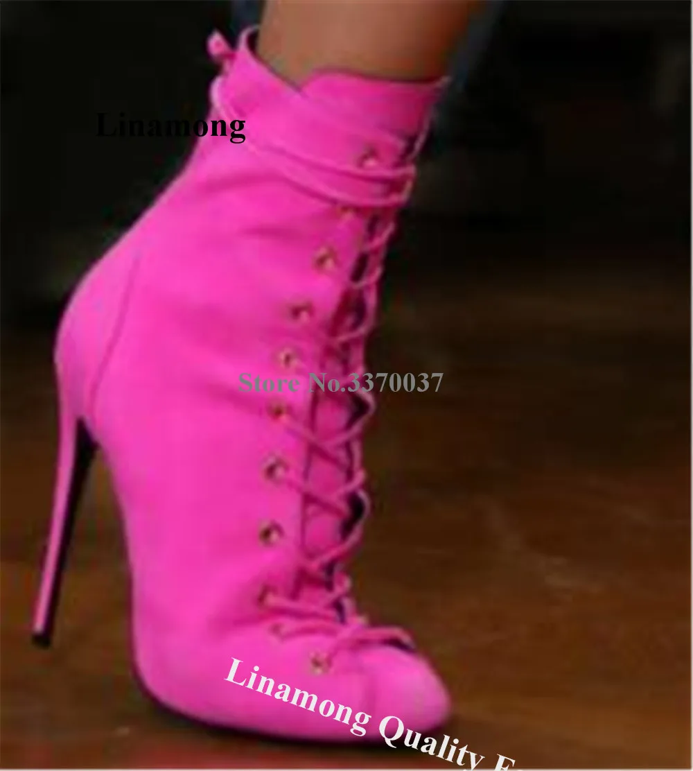 Linamong Pink Yellow Blue Black Suede Short Boots Round Toe Lace-up Stiletto Heel Ankle Booties Party Pumps Big Size Boots