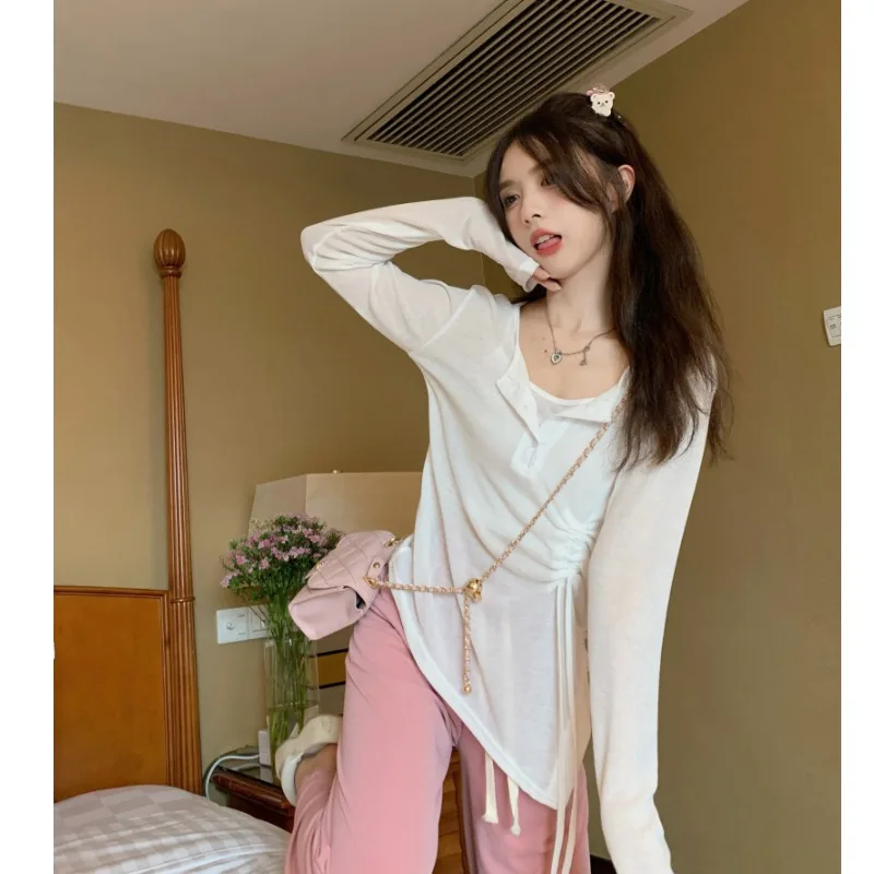 

Two piece Jacket Women's summer inner small suspender + thin lace up drawstring sunscreen blouse long sleeve T-shirt ins fashion