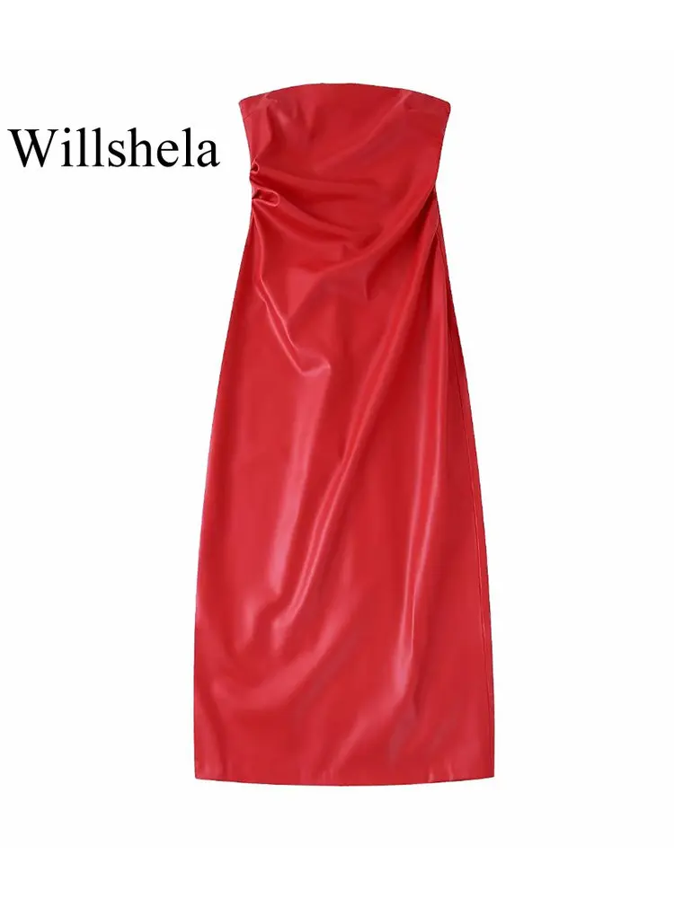 

Willshela женское модное платье миди из искусственной кожи с боковой молнией и разрезом сзади винтажное платье без бретелек с вырезом лодочкой ...