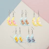 fashion creative lovely small fresh resin cartoon animal hug moon bed pendant earrings for women jewelry accessories gifts