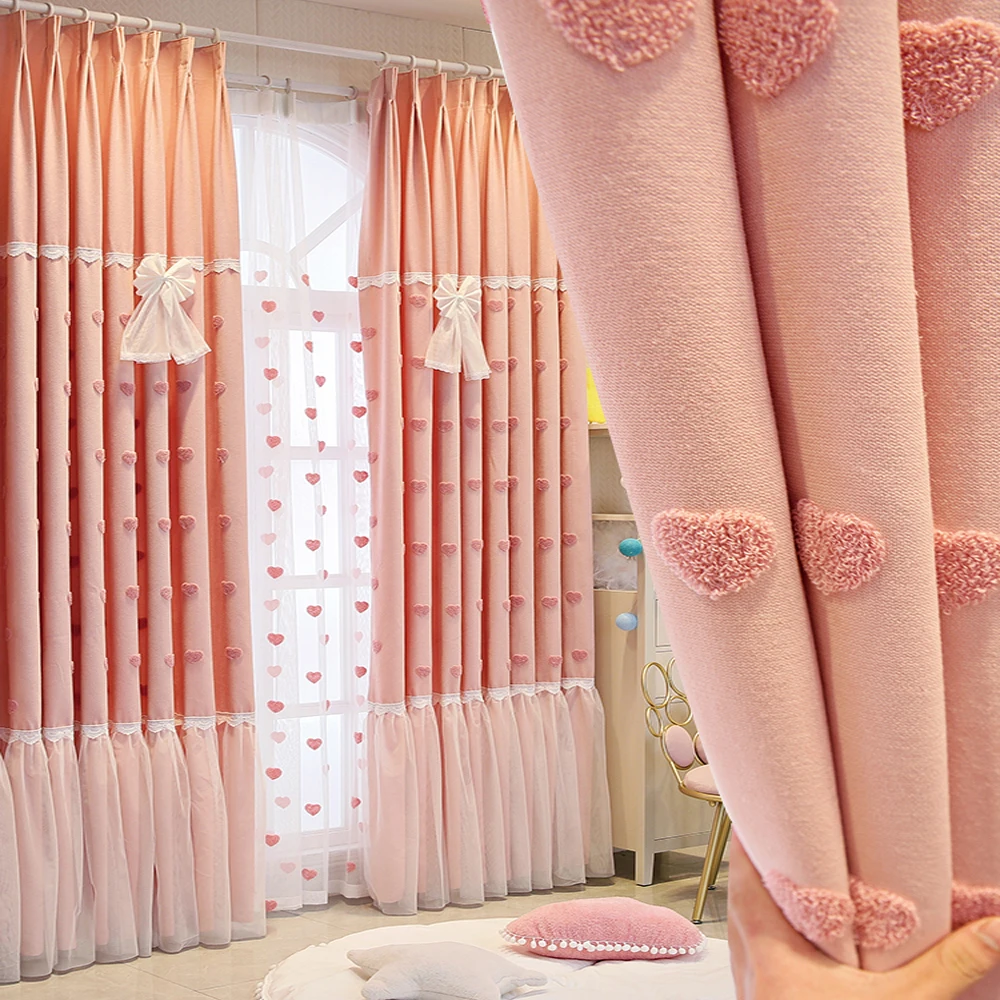 

Romantic Blackout Pink Curtains for Girl's Bedroom Princess Sweet Heart Embroidery Cortina with Bowties Cartoon Lace Voile Drape