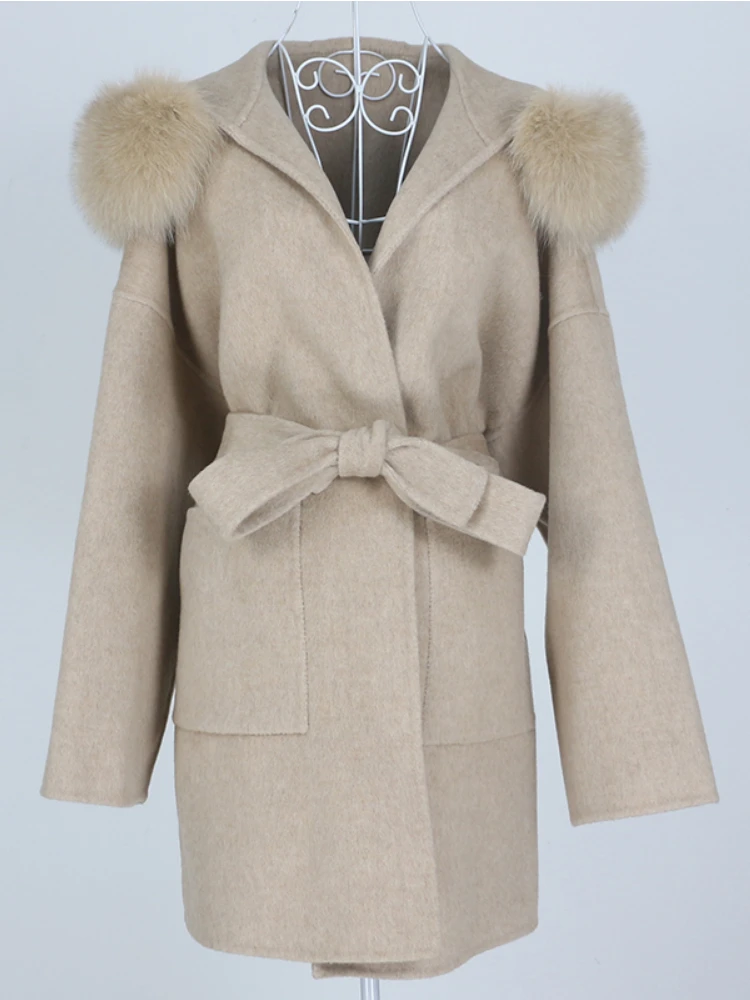 

OFTBUY 2023 New Oversize Loose Cashmere Wool Blends Real Fur Coat Winter Jacket Women Natural Fox Fur Collar Hood Outerwear Belt