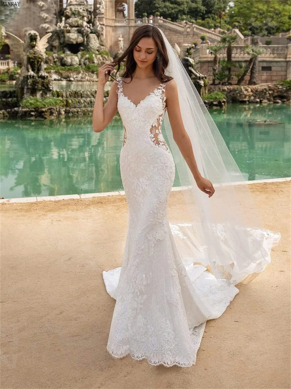 

MANRAY Illusion Waistline Lace Wedding Dress Mermaid Backless Bridal Robes Appliques Court Train Bride Dresses Vestido De Noiva