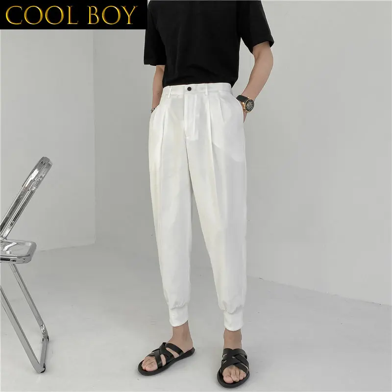 

J GIRLS New Summer Men's White Suit Pants Korean Stylish Trousers Male Elastic Waist Tapered Ankle Length Casual Pants Man