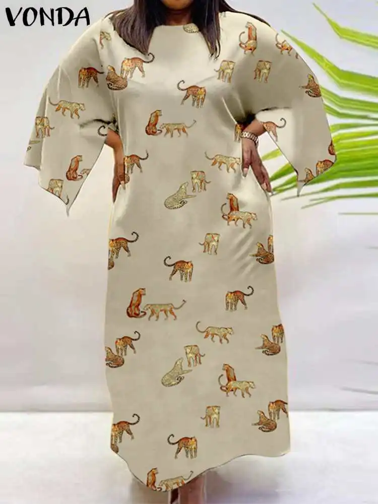 

VONDA 2022 Oversized Femme Fashion Holiday Robe Women Printed Long Dresses Baggy 3/4 Sleeve Vestidos Vintage Casual Faldas Saia