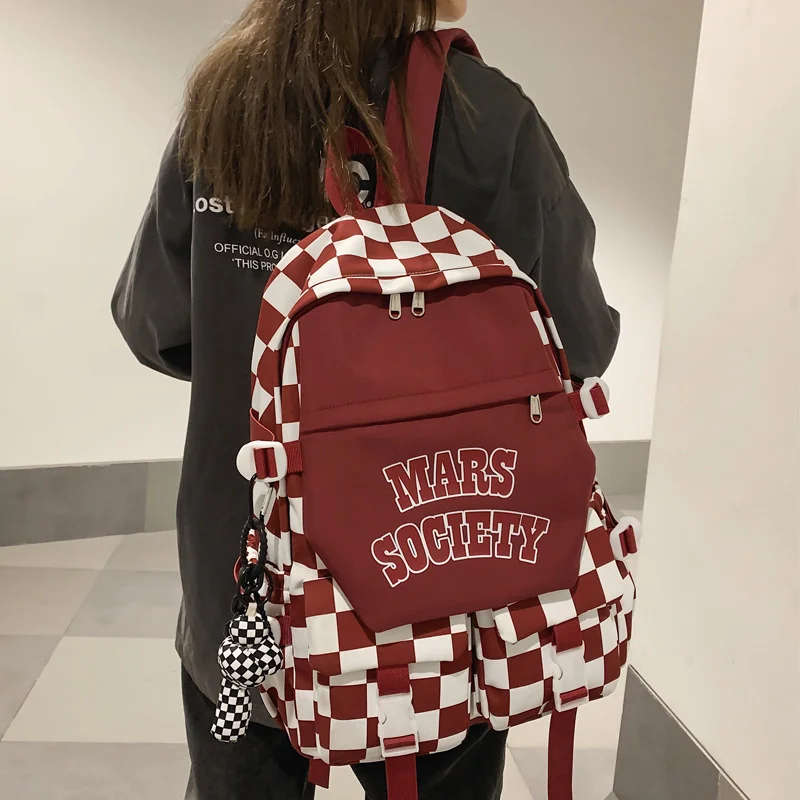 

2022 New Girl College School Bag Fashion Plaid Women Backpack Men Cool Waterproof Nylon Travel Backpacks Students Big Schoolbag
