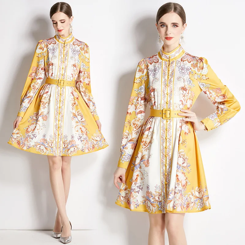 

Stand Collar Short Skirt Long Sleeve Printed A- line Skirt Free Belt
