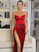 sexy v neck spaghetti starp sleeveless black dresses women 2022 elegant high split pleated evening party midi dresses formal