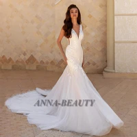 anna elegant mermaid wedding dresses v neck backless tank sleeve appliques wedding gown for bride custom made