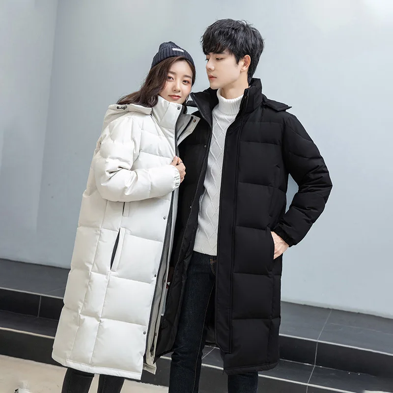 Winter 2021 new men's and women's matching down jackets long knee cap thickened Korean version