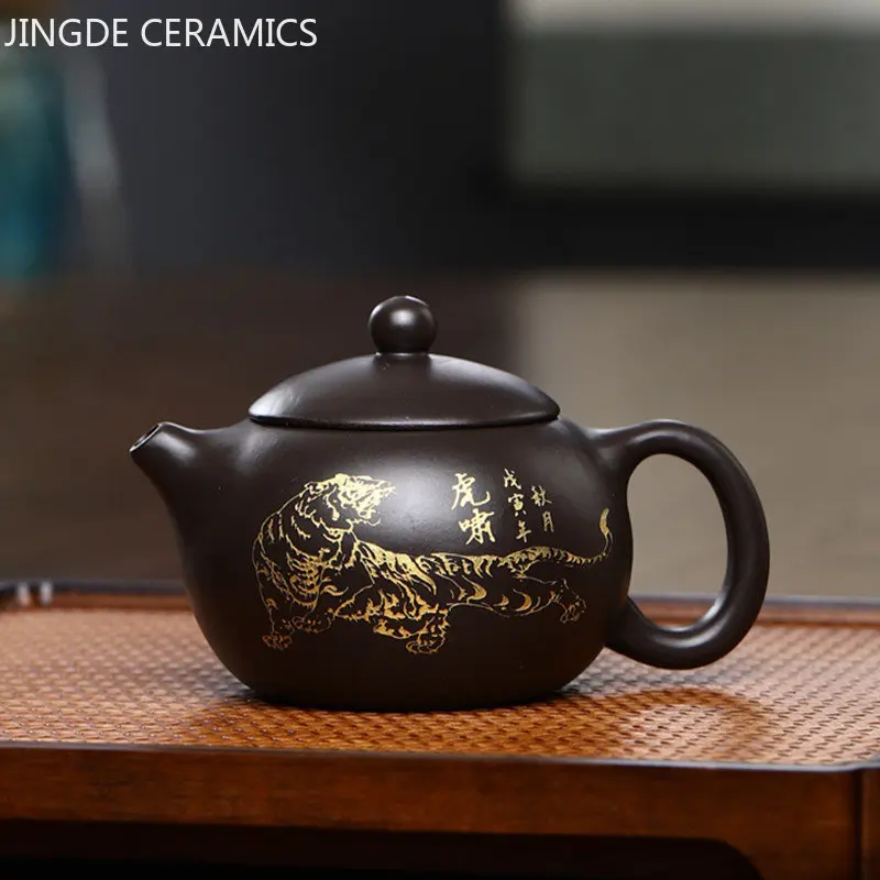 

Raw Mine Black Mud Xishi Teapot Authentic Yixing Purple Clay Tea Pot Chinese Tiger Pattern Zisha Kettle Tradition Teaware 180ml