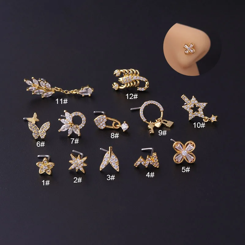 

1PC 20G Stainless Steel L Shaped Nose Studs Nose Ring for Women Flower Butterfly CZ Nose Stud Screw Nose Piercing Jewelry