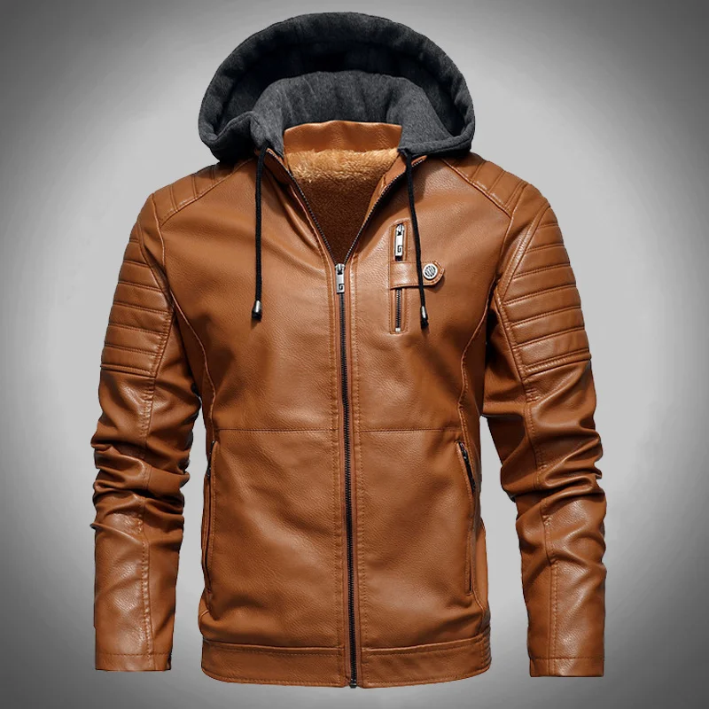 

PU Men's Winter Fleece Liner Leather Hooded Jackets Male Autumn Casual Motorcycle Jacket Windbreaker Biker Outwear Coats