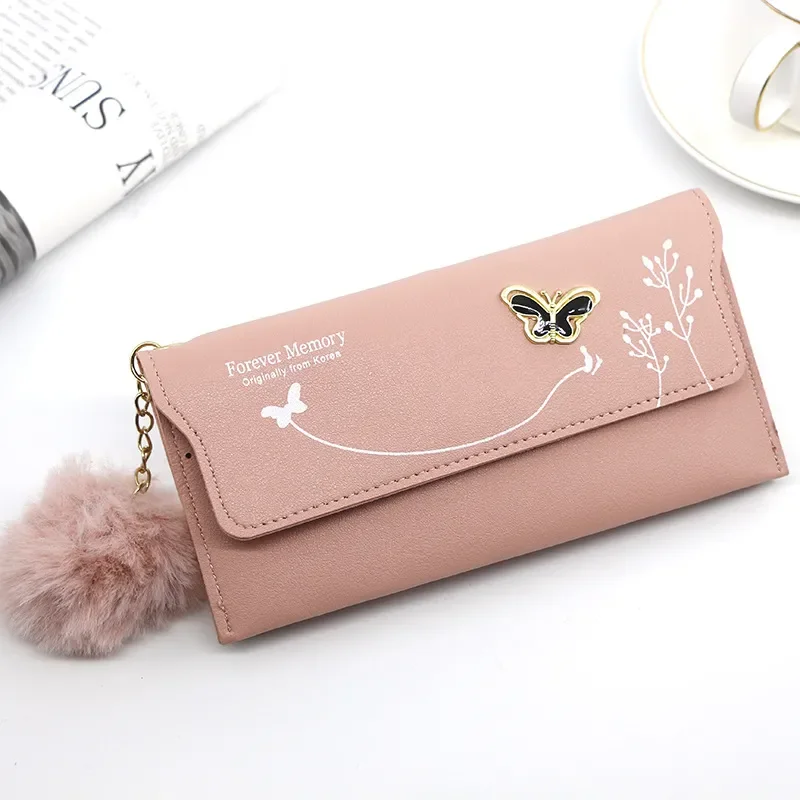 New Women Long Wallets Pure Color Wool Ball Bow Clutch Bag Women's Long Bag Card Bag Coin Purse 2022
