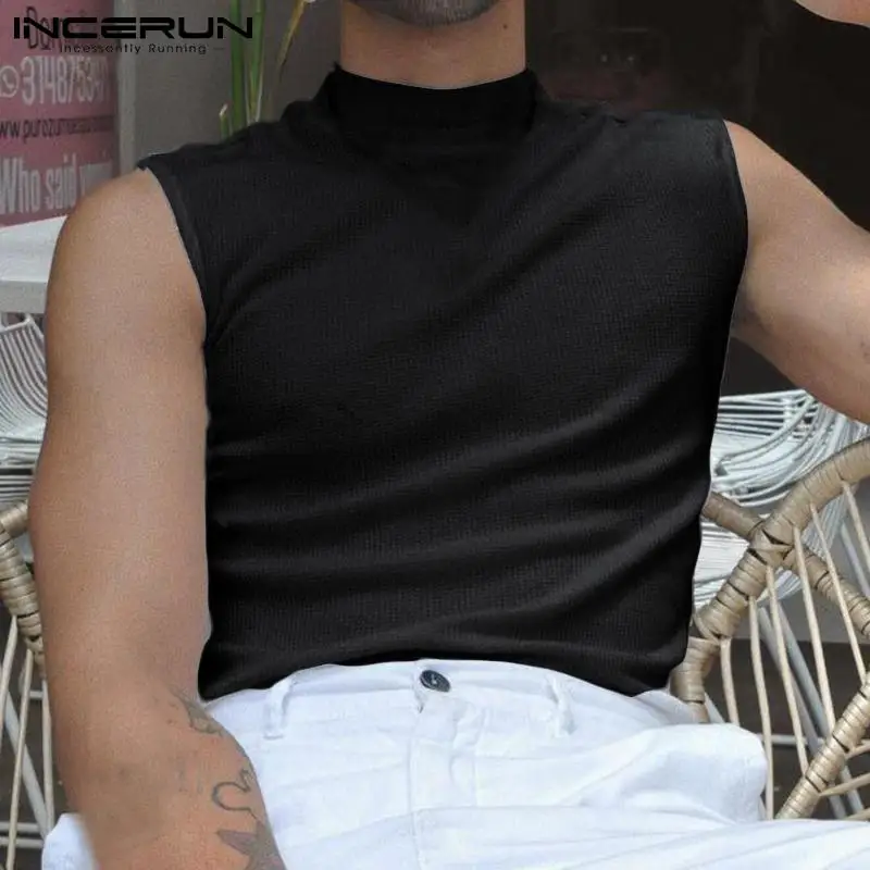 

INCERUN Solid Color Men's Tank Tops Turtleneck Sleeveless Streetwear Skinny Casual Vests Men 2022 Party Nightclub Fashion Tops