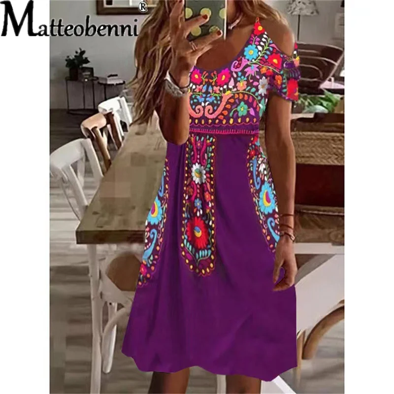 Купи Vintage Floral Print Boho Dress Women Summer Sexy Off Shoulder Dress Casual V Neck A-Line Sling Sundress Female Dress Vestidos за 679 рублей в магазине AliExpress