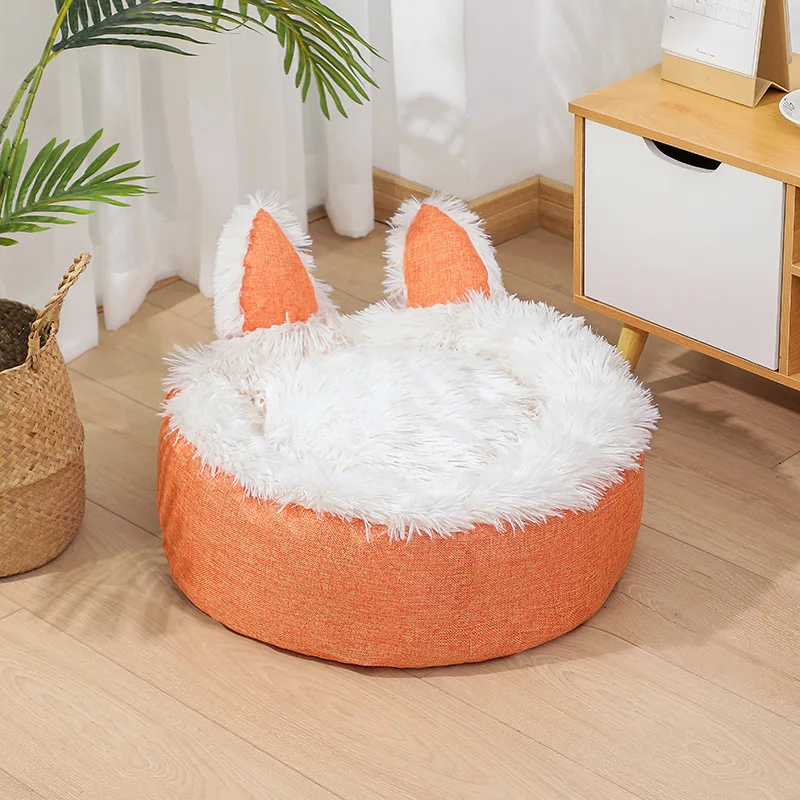 

Detachable Cute Cat Ears Dog Cat Kennel Winter Warm Soft Plush Teddy Dog Cat Bed Sleeping House Bed Mat