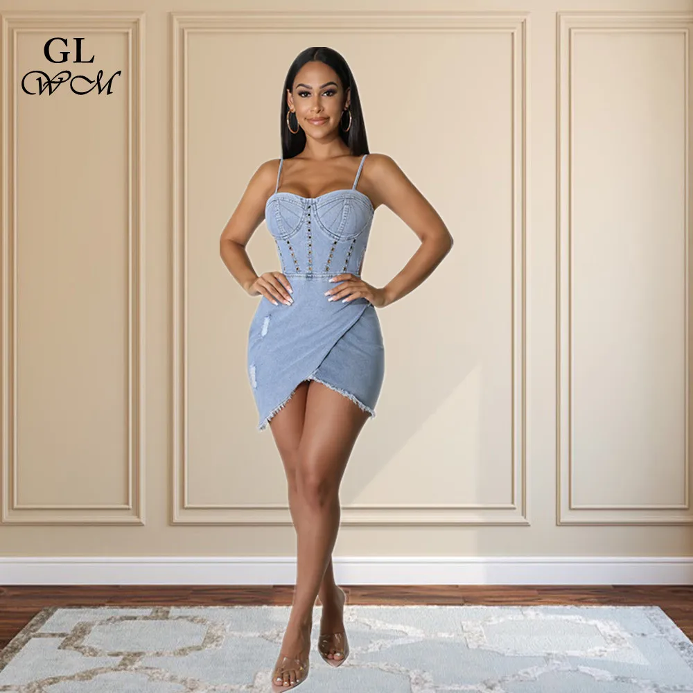 

S-2XL Trendy Washed Denim Halter Dress Women Sexy Hollow Out Club Party Mini Dresses Summer Clothing Wolesale Dropshipping