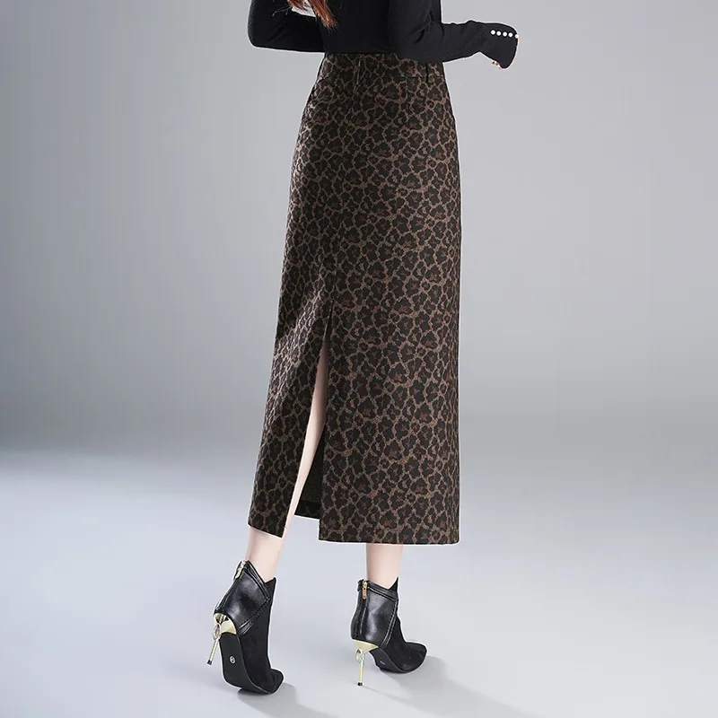 Леопардовая юбка-карандаш женская осенне-зимняя элегантная шикарная облегающая