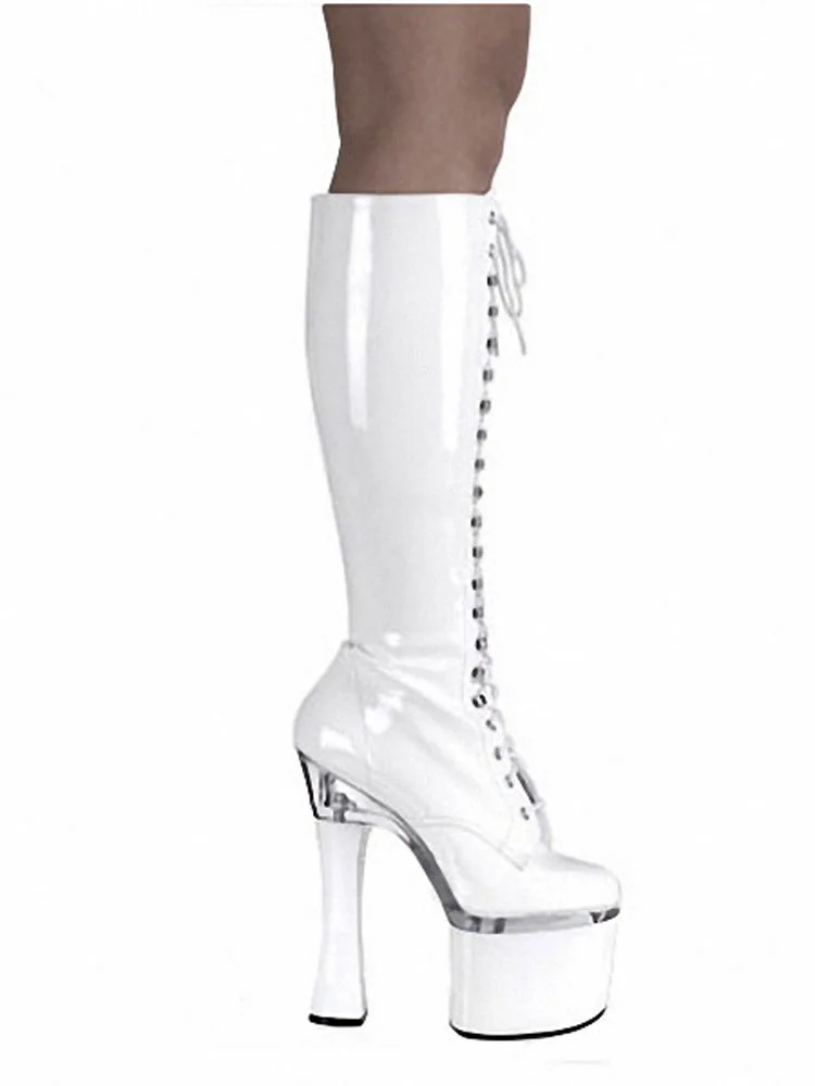 18cm High Coarse Heels Chunky Knee Women Boots Black Sexy Pole Dancing Models Shoes 8 Inch Platform Lace Up Gothic Fetish Club