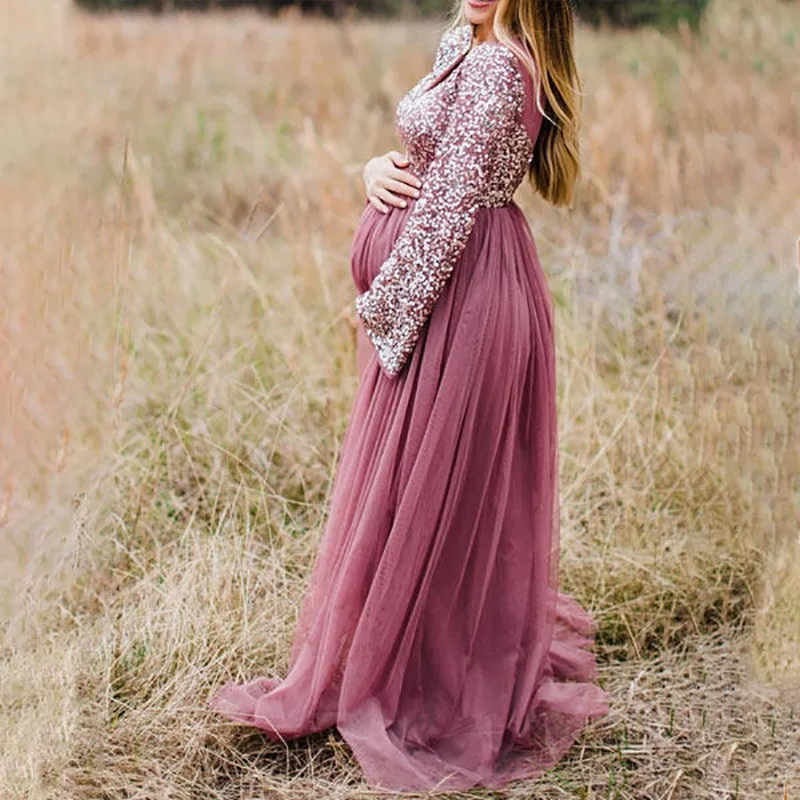 

2022 Clothes For Pregnant Women Maternity Lace sequined V Neck Long Dress Gown For Pregnant Fancy Shooting Photo Session Props