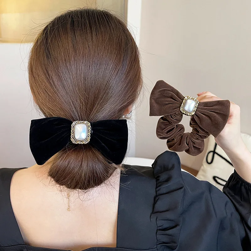 

Korean Velvet Scrunchies Vintage Black Bow Elastic Hair Bands Women Girls Ponytail Holder Prom Party Hair Ties Hair Accessories