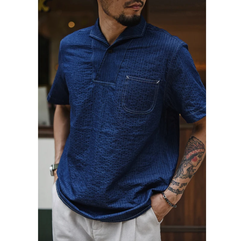 Sauce Zhan Mens Shirts Chambray Shirt Crew Neck Seersucker Shirts Short Sleeve Pullover Casual Shirt Man Summer