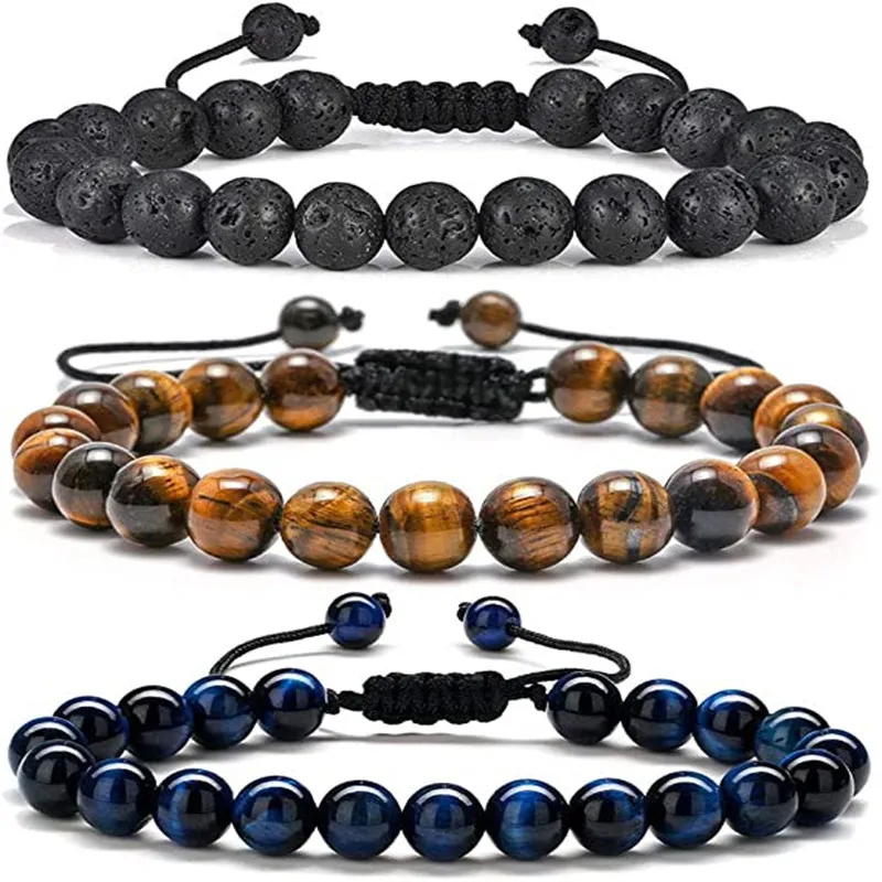 

8mm Natural Lava Rock Men Women Yoga Healing Balance Bracelets Tiger Eye Stone Beads Bracelet Adjustable Braided Rope Bangles