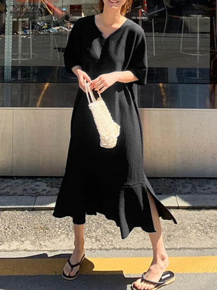 

Платье ZANZEA женское средней длины с коротким рукавом, повседневное свободное однотонное платье-трапеция с V-образным вырезом и оборками на подоле, уличная одежда, лето 2023