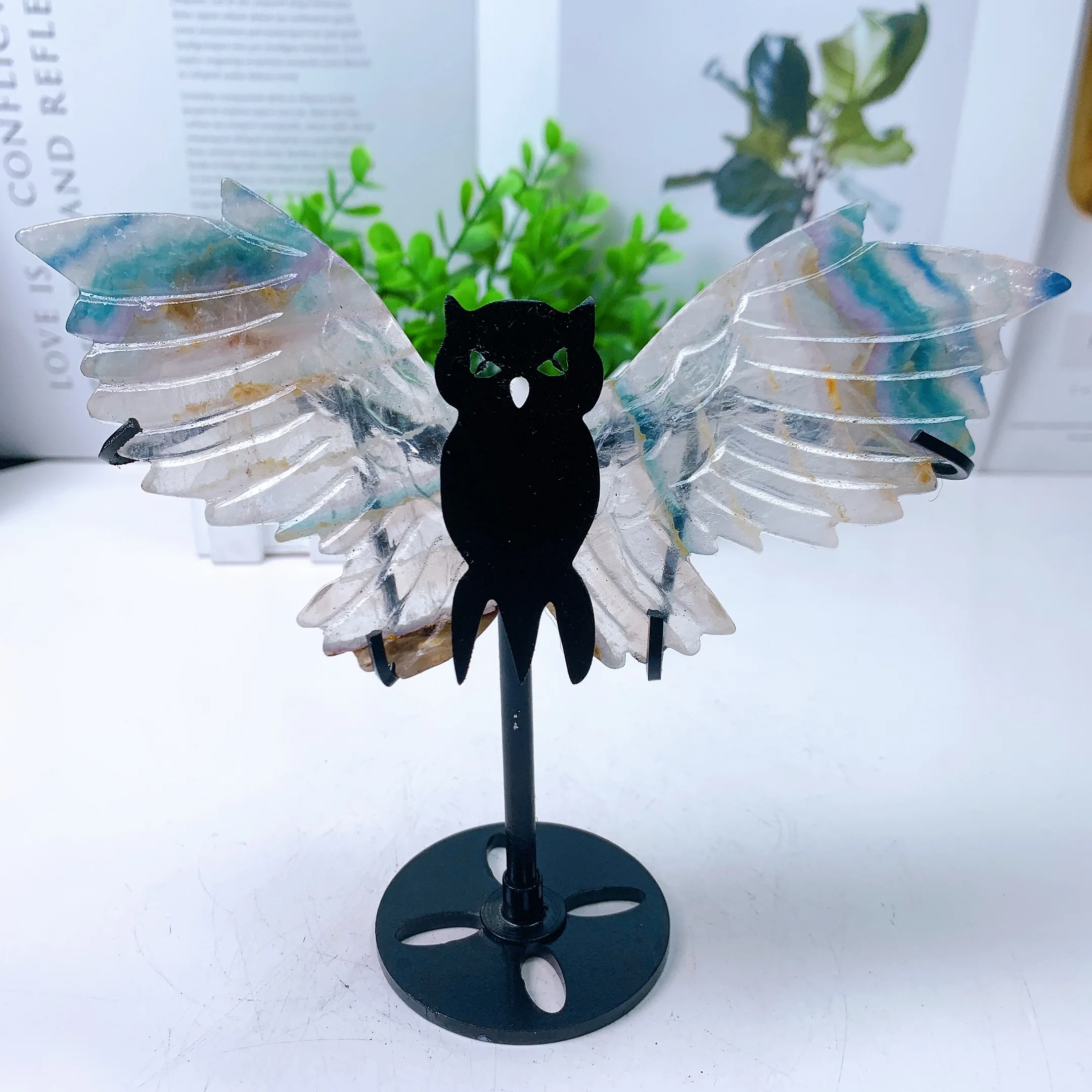 

Natural Fluorite Owl Wings Crystal Healing Reiki Statue Lucky Energy Stone Home Decoration Birthday Gift 1pair