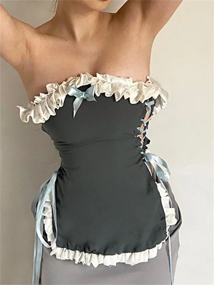 

hirigin Ruffles Patchwork Tube Tops Clubwear 2023 Sexy Women Strapless Off Shoulder Contrast Color Slim Tank Side Tie-up Vest
