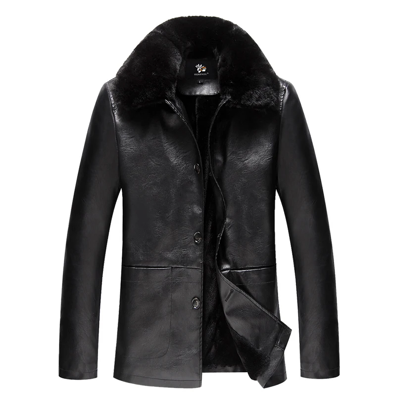 

Зимняя мужская кожаная куртка с пушистым воротником, съемный деловой кожаный костюм, теплая куртка из искусственной кожи для мужчин средне...