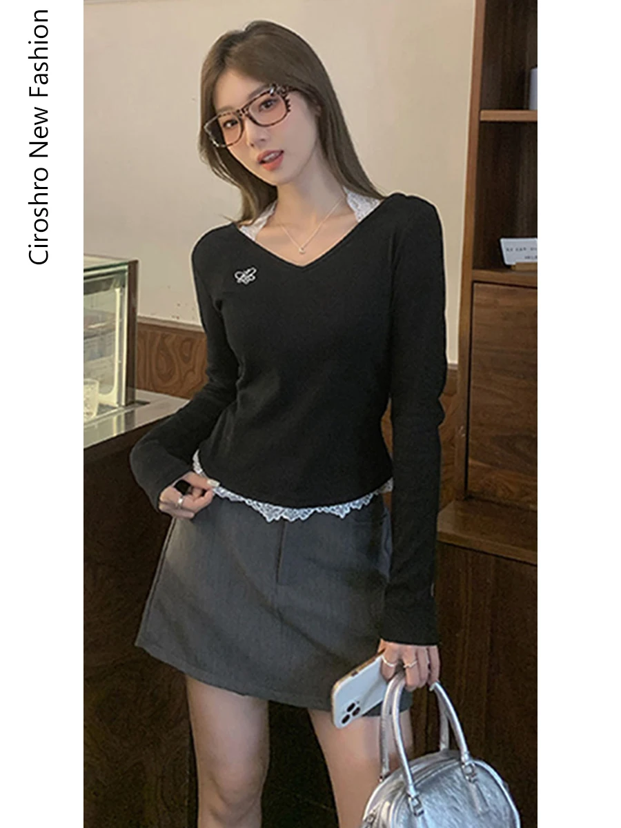 Plus Size Unique Beautiful Small Top Spring and Autumn Pure Desire Lace Hanging Neck Fake Two Pieces Long sleeve Black Waist ...