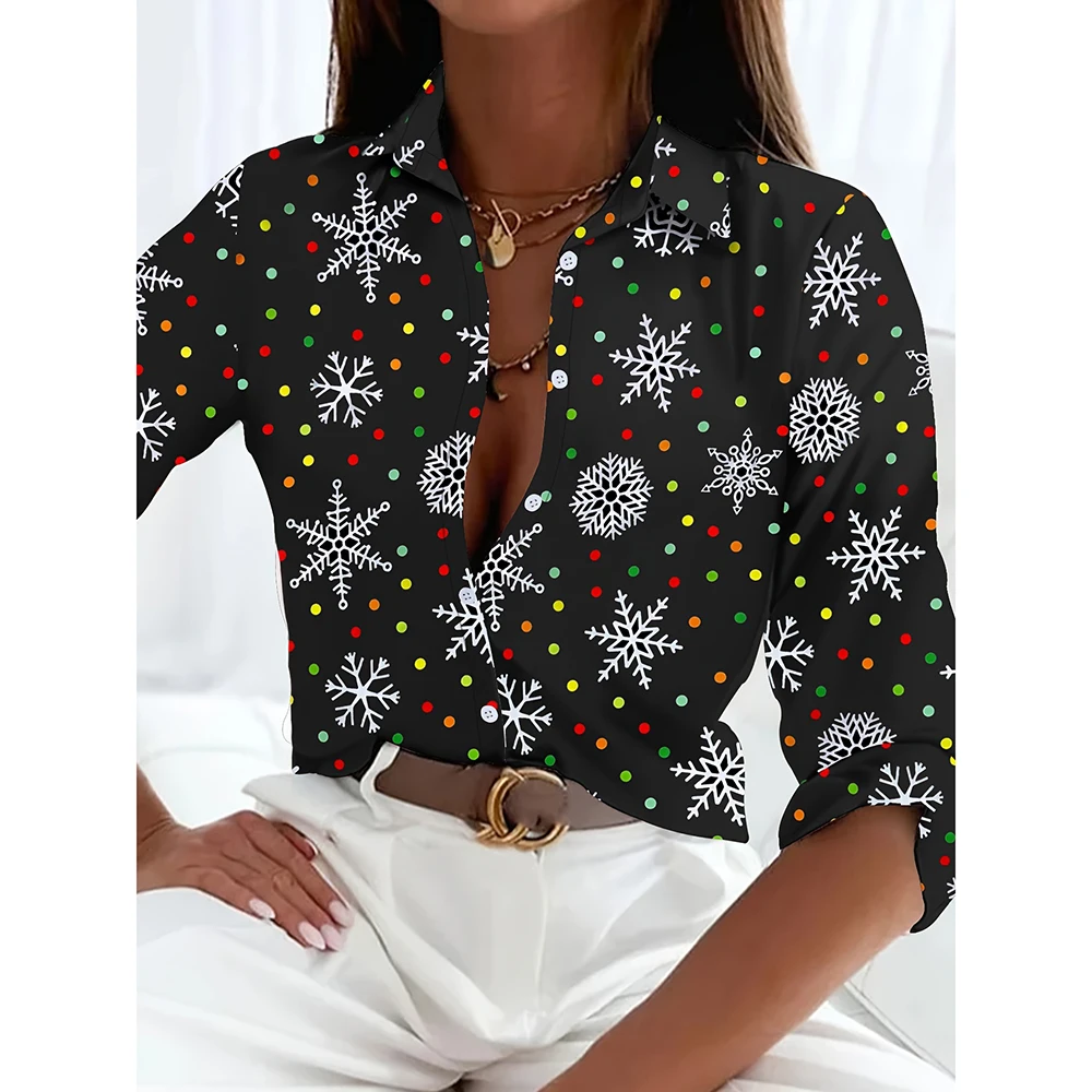 Женская рождественская рубашка на пуговицах с принтом Повседневная длинным