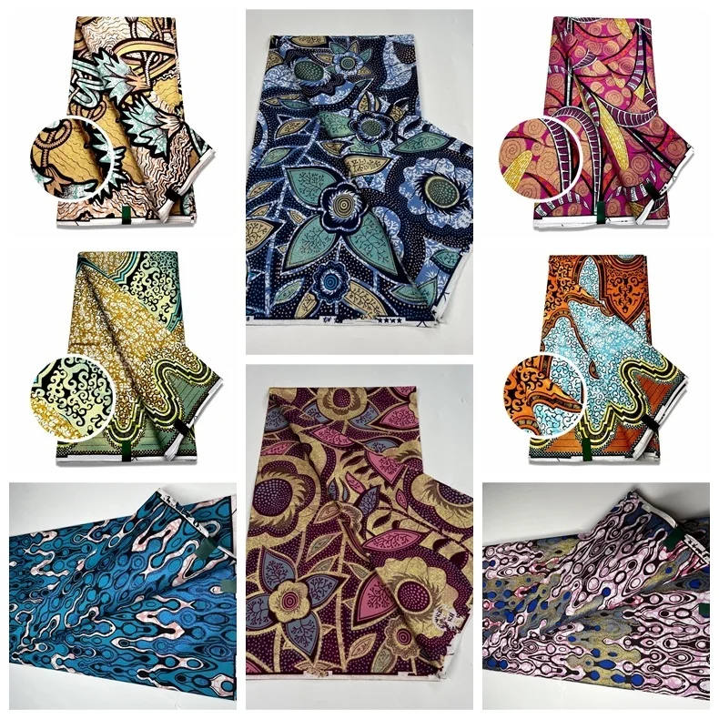 

African Grand Wax Fabric Ankara Glitter Best Golden Batik Pagne Loincloth Stuff Blue Cotton Sew Wedding Dress 6yards