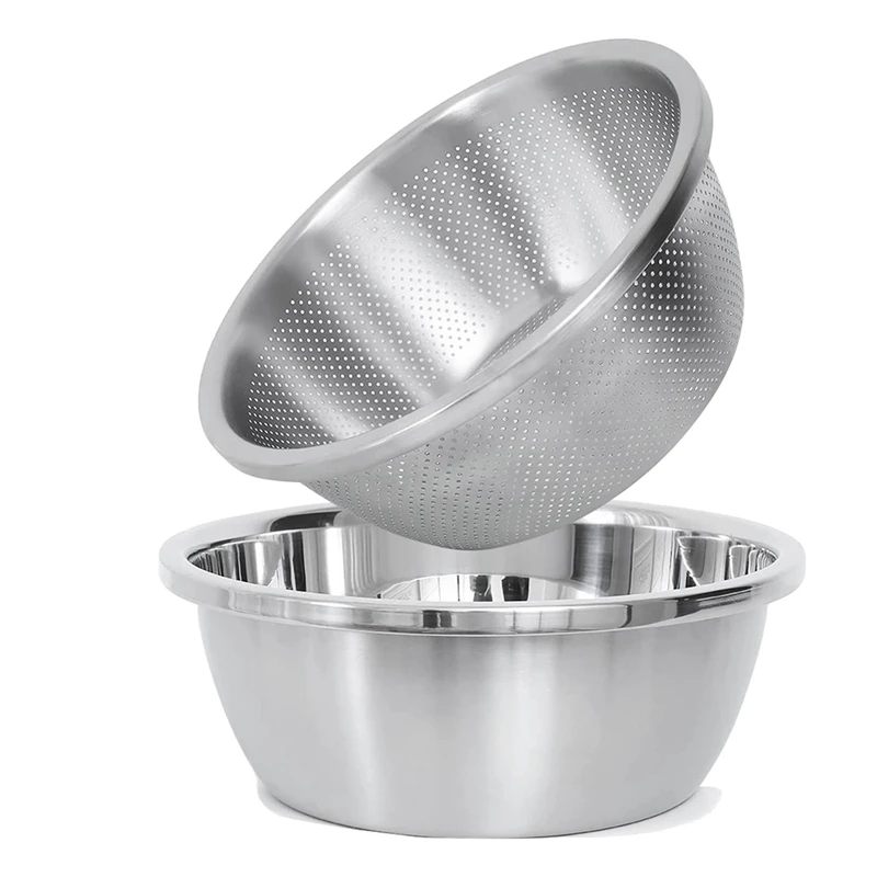 

304 Stainless Steel Microporous Colander, 5-Qt Large Capacity With Mixing Bowl For Washing Vegetables, Fruit And Rice